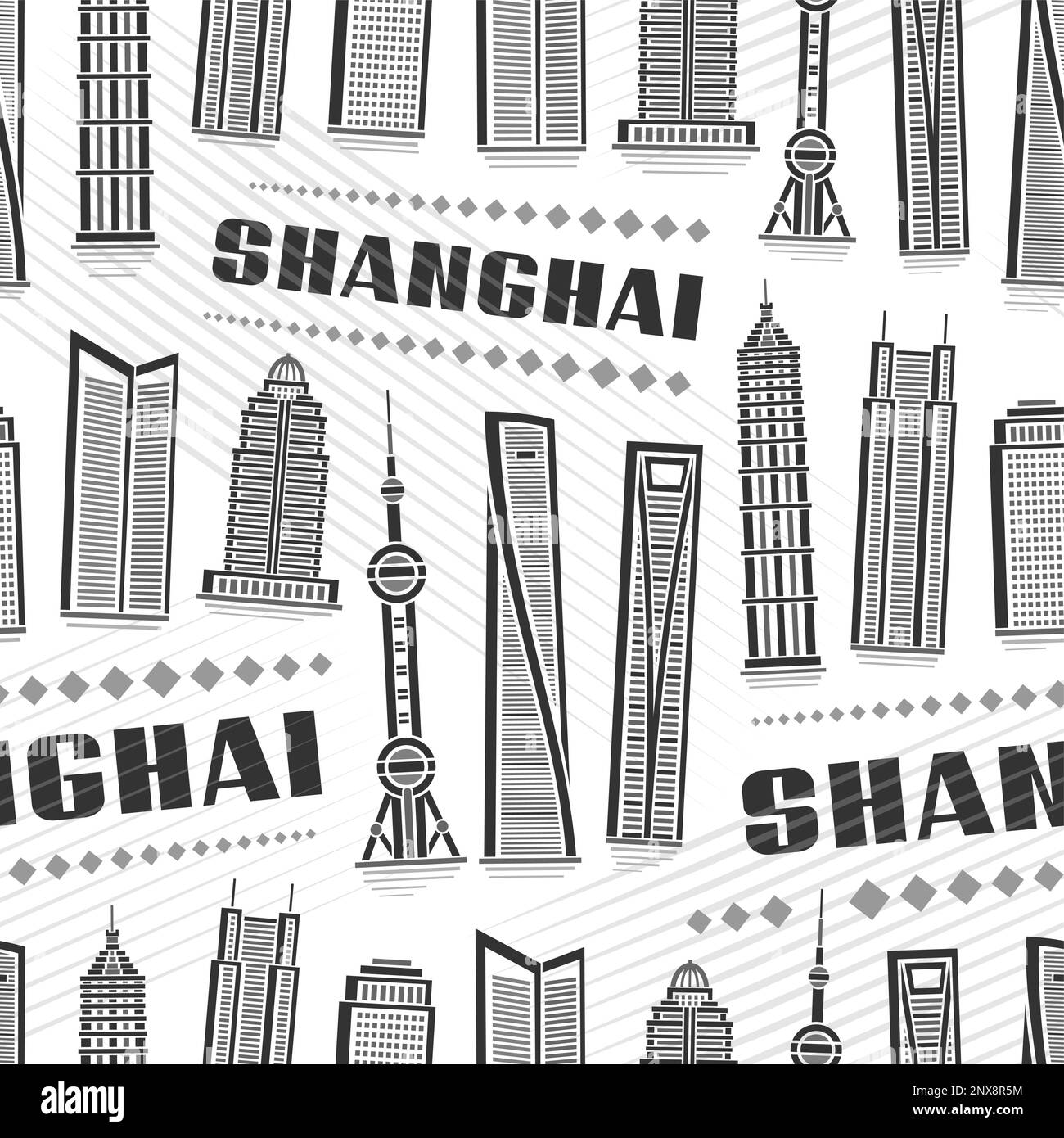 Vector Shanghai Seamless Pattern, répétition de l'arrière-plan avec l'illustration du célèbre paysage de la ville de shanghai sur fond blanc pour papier d'emballage, monochr Illustration de Vecteur