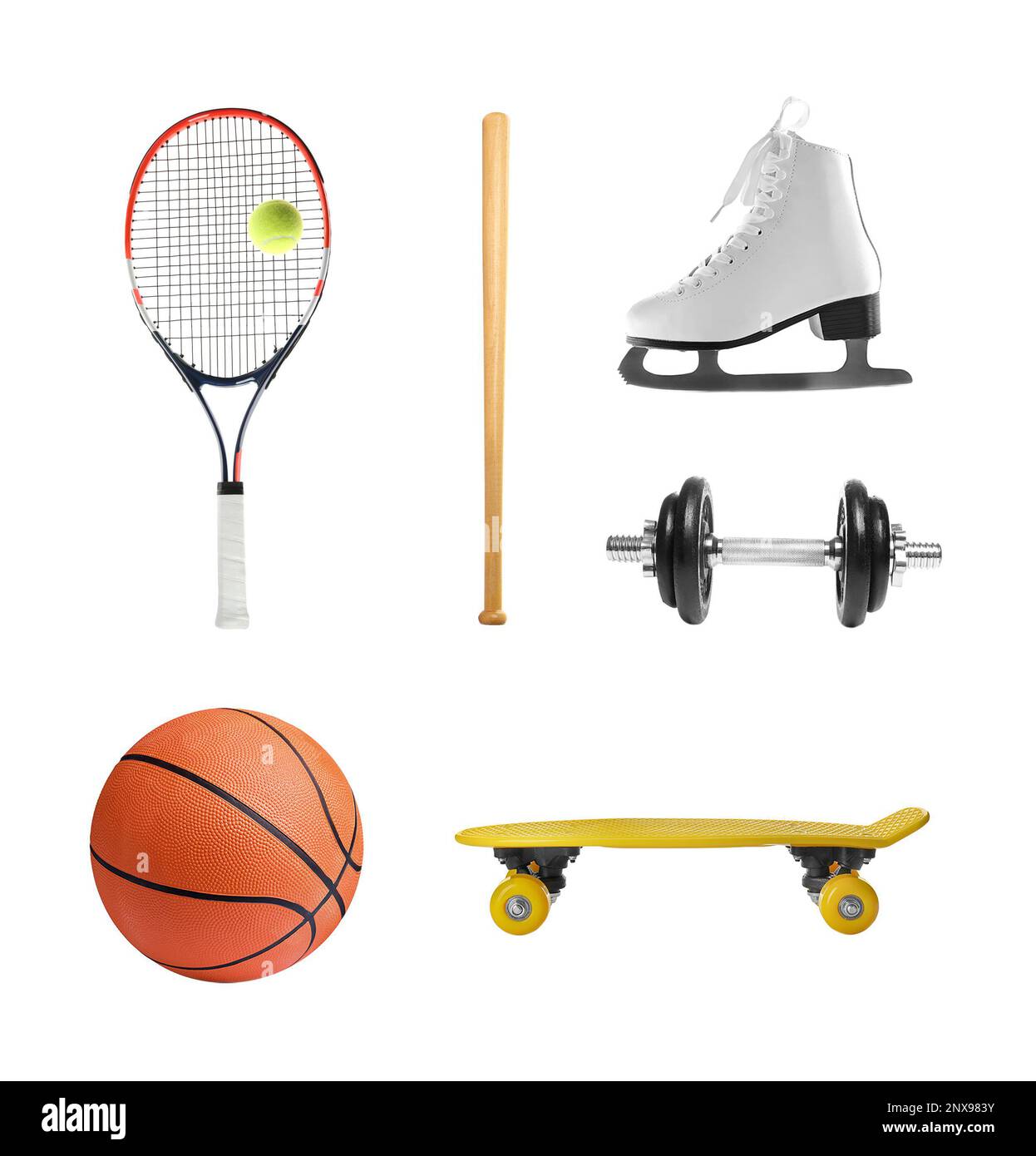 Avec différents équipements sportifs sur fond blanc. Mode de vie actif Banque D'Images