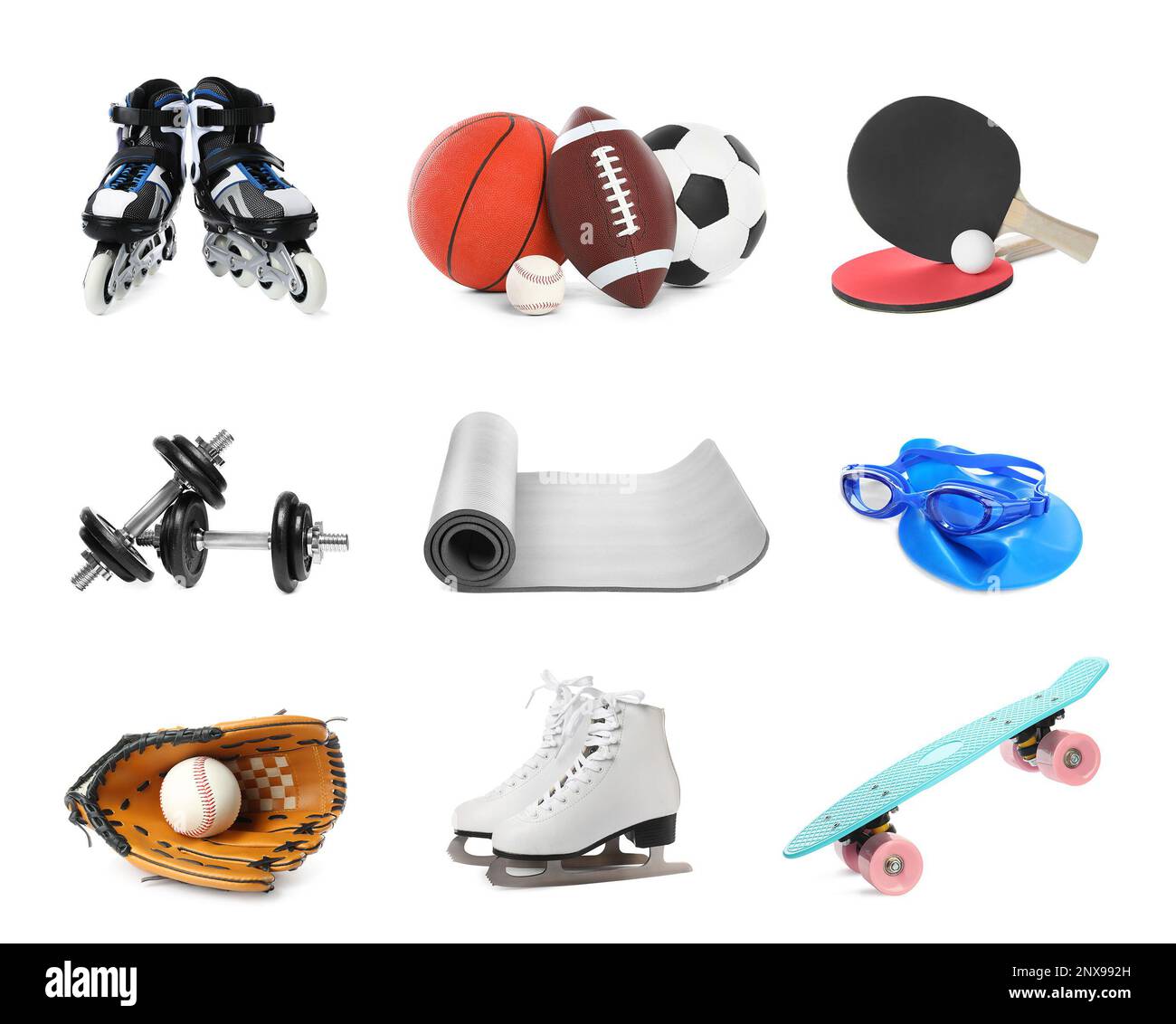 Avec différents équipements sportifs sur fond blanc. Mode de vie actif Banque D'Images