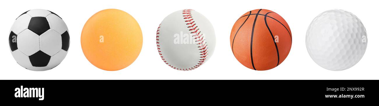 Ensemble avec différentes balles de sport sur fond blanc. Bannière Banque D'Images
