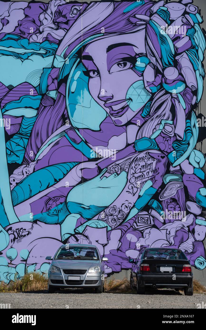 Murale murale sur le côté du bâtiment, Christchurch Nouvelle-Zélande. Banque D'Images