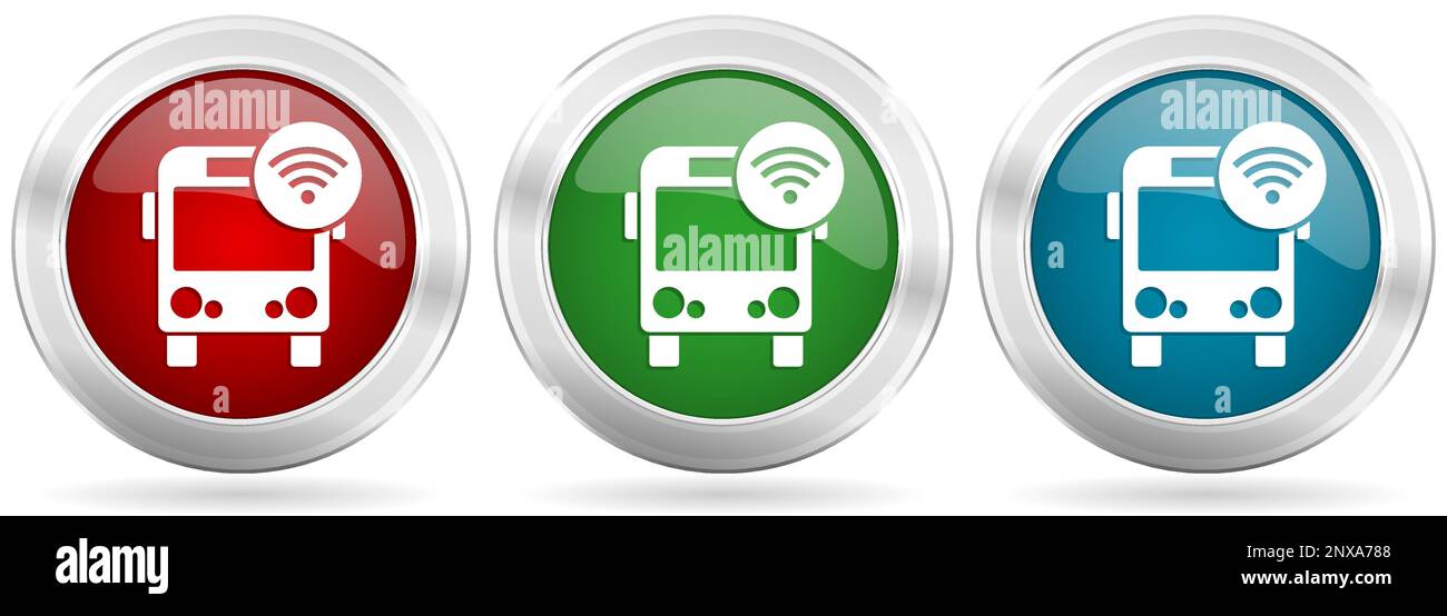 Bus avec icône de vecteur wifi définie. Boutons en toile métallique rouge, bleu et vert argentés avec bordure chromée Illustration de Vecteur