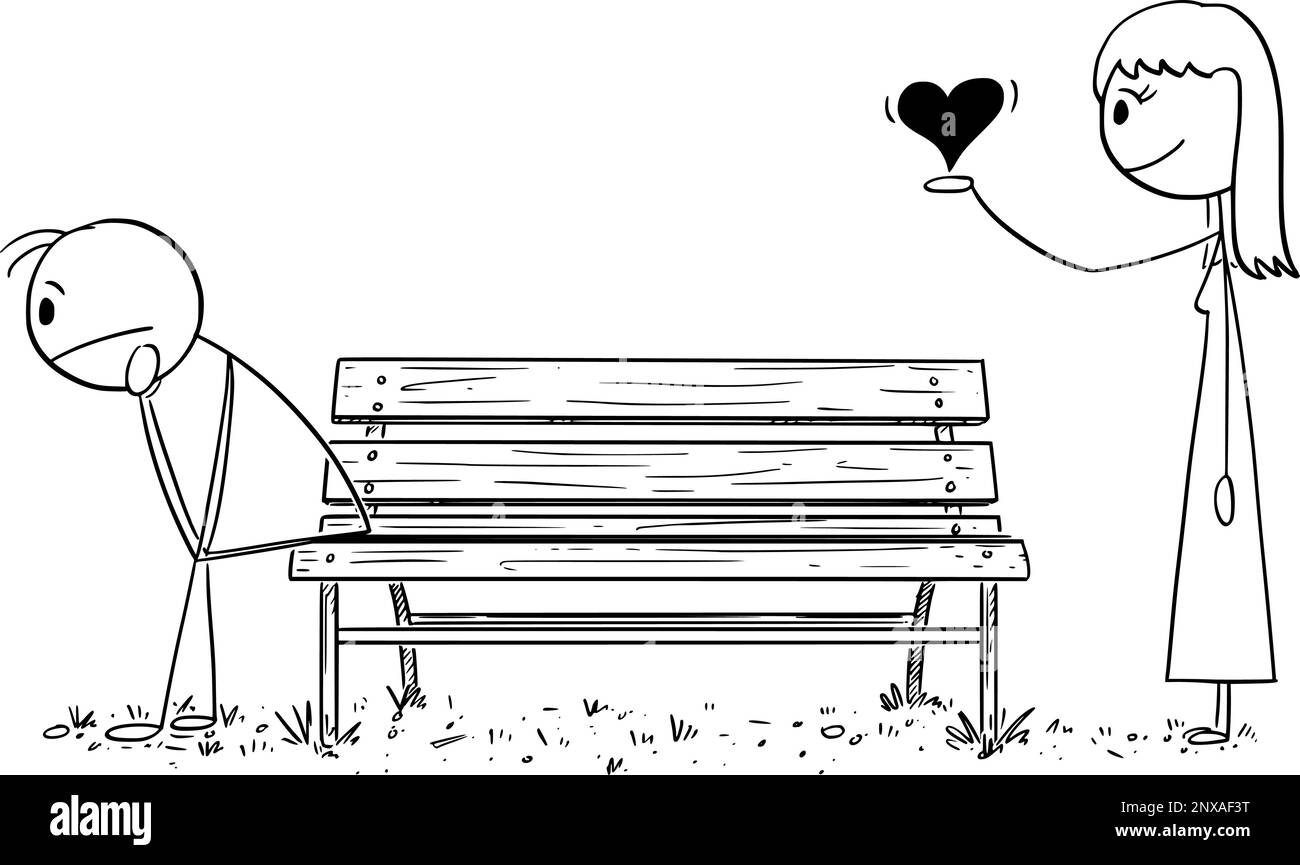 Dépressif Lonely Man, la femme lui donne l'amour , Vector Cartoon Stick Figure Illustration Illustration de Vecteur