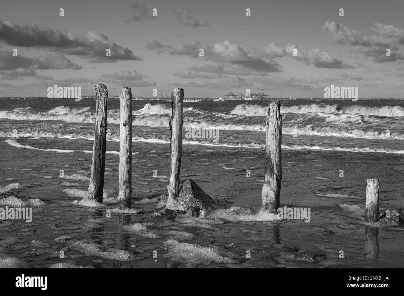 Poteaux en bois sur une plage à Walton sur la Naze dans l'Essex. Paysage d'hiver. Les vagues se brisent. Une journée venteuse. Banque D'Images