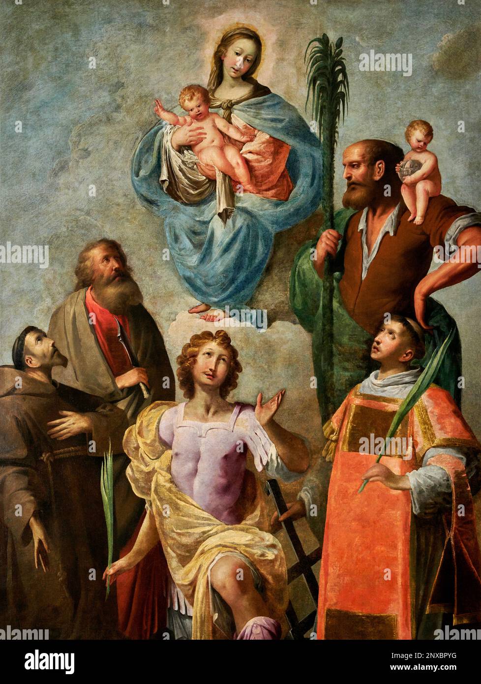 Madonna col Bambino con S. Emiliano, S. Francesco, S. Bartolomeo, S. Lorenzo e S. Cristoforo - olio su tela - Pietro Ricchi - XVII secolo - Brescia, M Banque D'Images