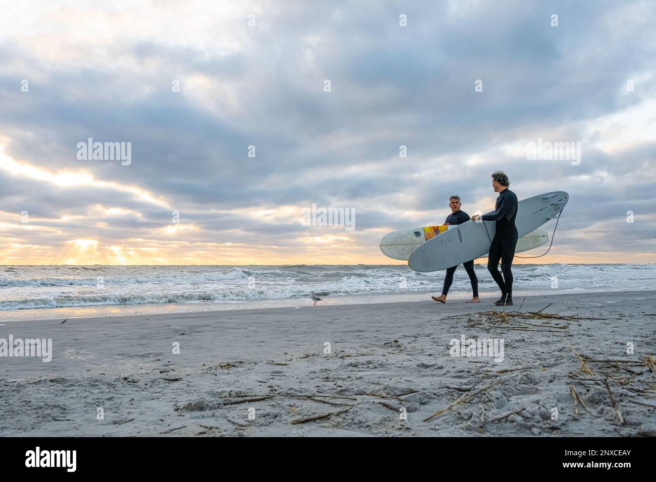 Les surfeurs de Floride avec des longboards prêts pour une session de surf d'hiver au lever du soleil à Jacksonville Beach dans le nord-est de la Floride. (ÉTATS-UNIS) Banque D'Images