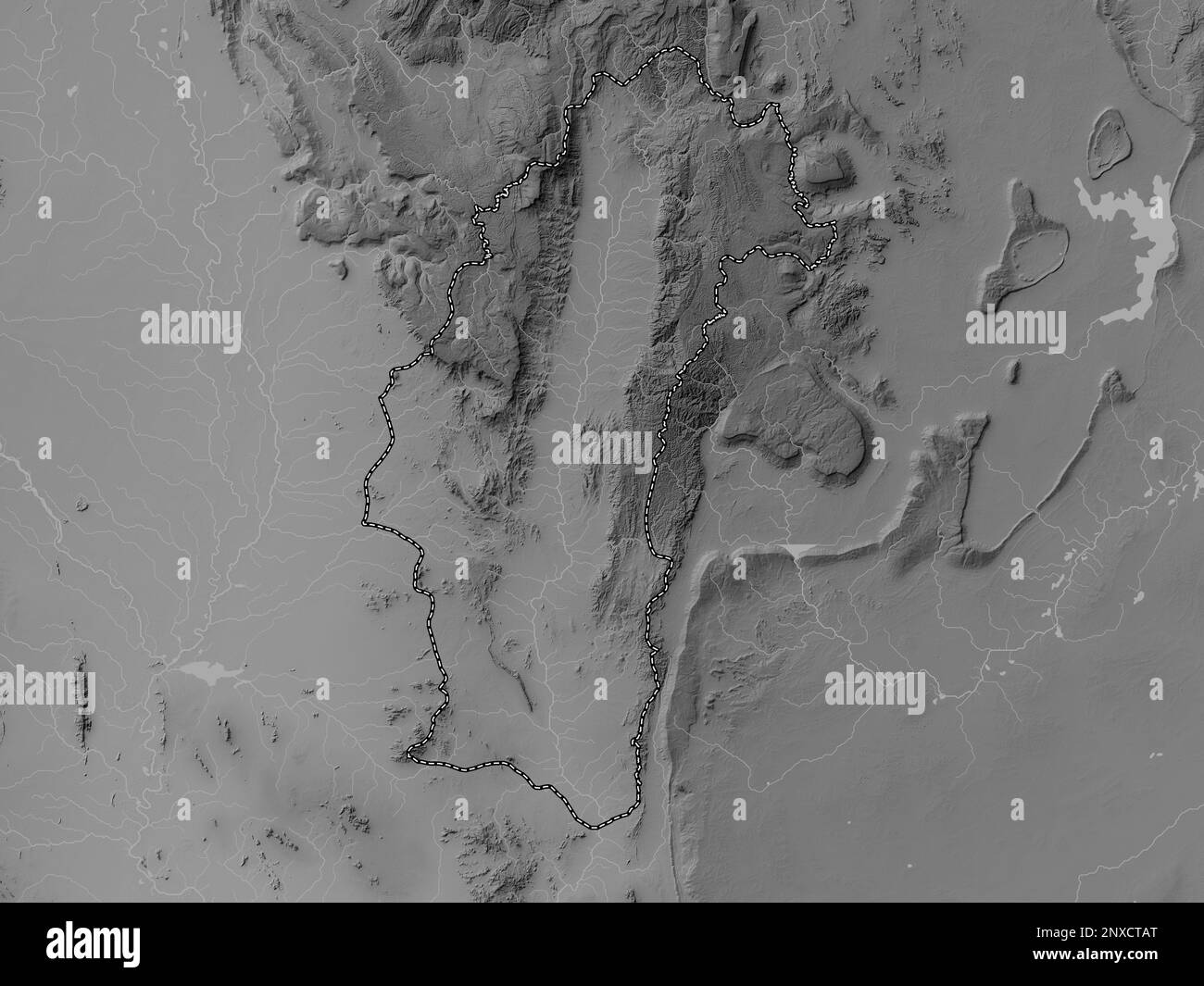 Phetchabun, province de Thaïlande. Carte d'altitude en niveaux de gris avec lacs et rivières Banque D'Images