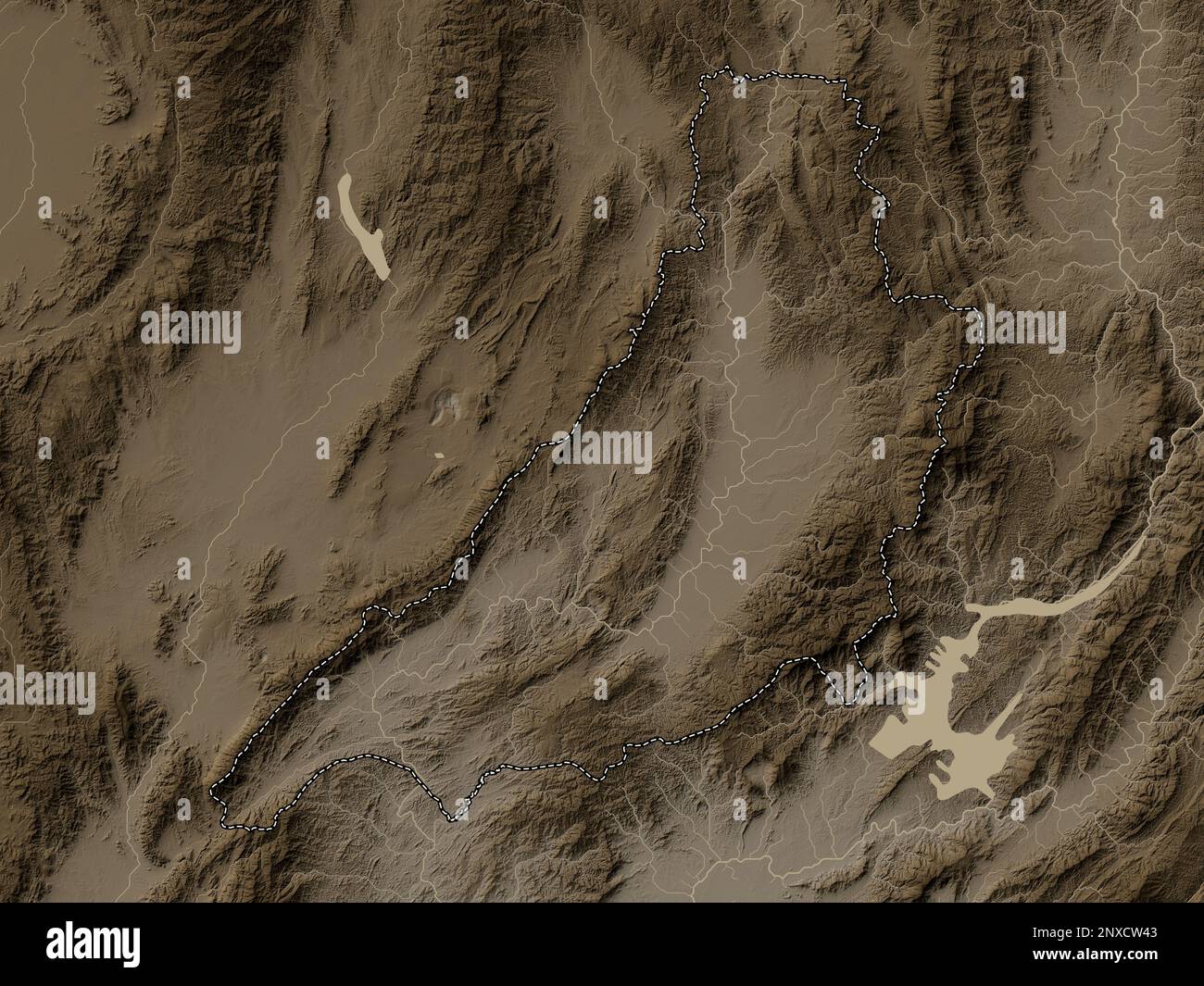 Phrae, province de Thaïlande. Carte d'altitude colorée en tons sépia avec lacs et rivières Banque D'Images