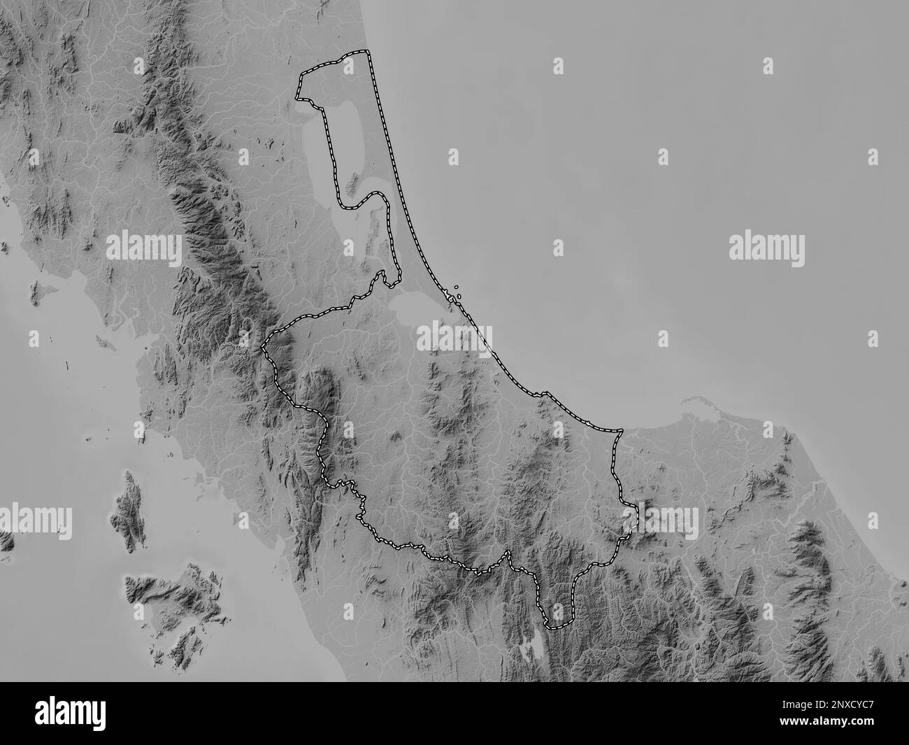 Songkhla, province de Thaïlande. Carte d'altitude en niveaux de gris avec lacs et rivières Banque D'Images