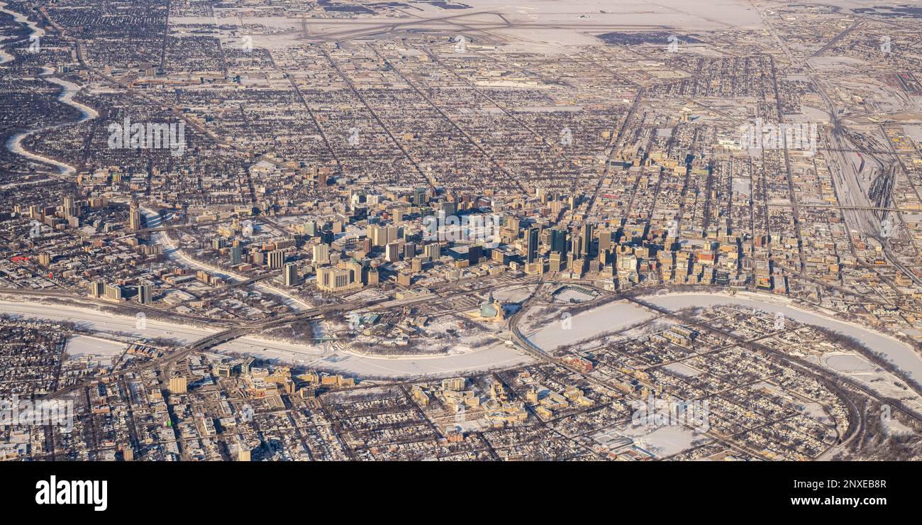 Une vue aérienne de la ville de Winnipeg, Manitoba, Canada en hiver. Banque D'Images
