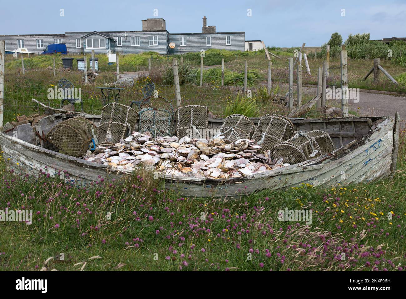 Vieux bateau disused rempli de pots de homard et coquillages de moules, Uig, Lewis, Isle of Lewis, Hebrides, Outer Hebrides, Îles de l'Ouest, Écosse, Royaume-Uni Banque D'Images