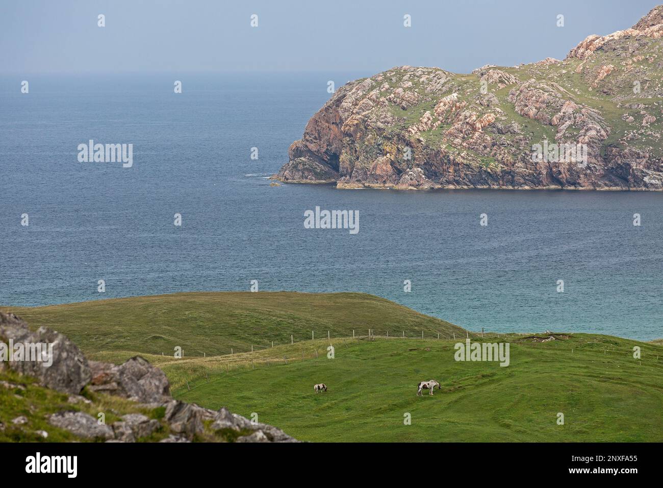 Mer turquoise, falaises et prairies vertes à Camas na Clibhe, Lewis, île de Lewis, Hebrides, Hébrides extérieures, Îles occidentales, Écosse, Royaume-Uni Banque D'Images