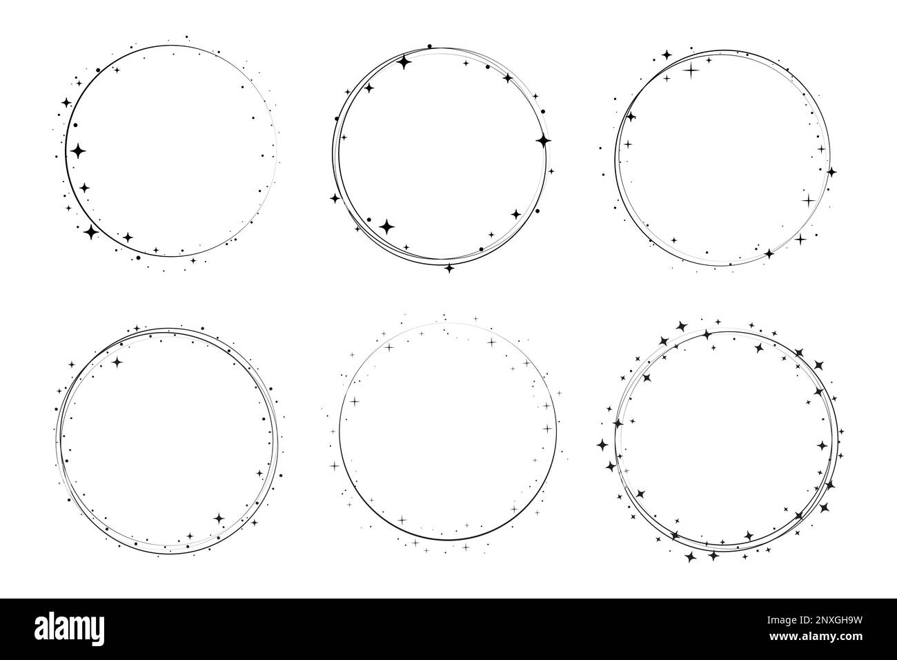 Ensemble de cadres de bordure circulaire en étoile. Cadre en forme de cercle brillant. Couronne ronde bordure stardust pour fête, décoration d'anniversaire. Cadre Laurel brillant cosmique. Illustration vectorielle. Illustration de Vecteur