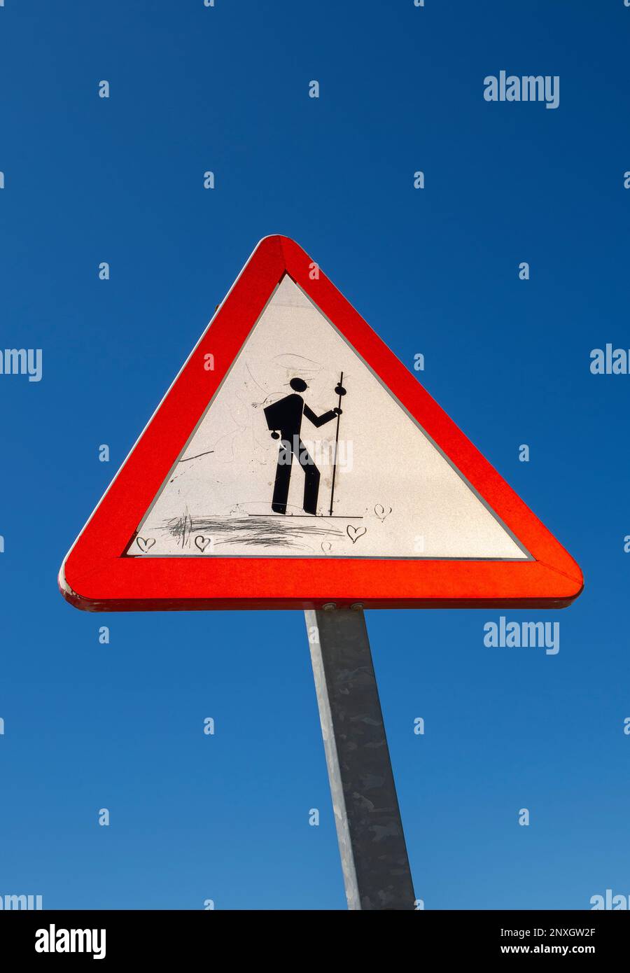 Panneau d'avertissement pour les pèlerins sur la route du Camino de Santiago en Espagne Banque D'Images