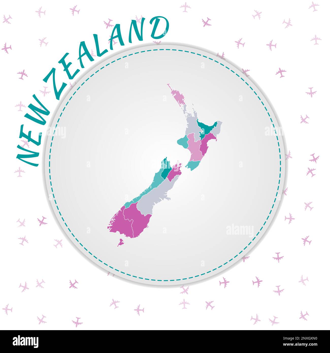 Conception de carte Nouvelle-Zélande. Carte du pays avec les régions dans la palette de couleurs émeraude-améthyste. Illustration de Vecteur