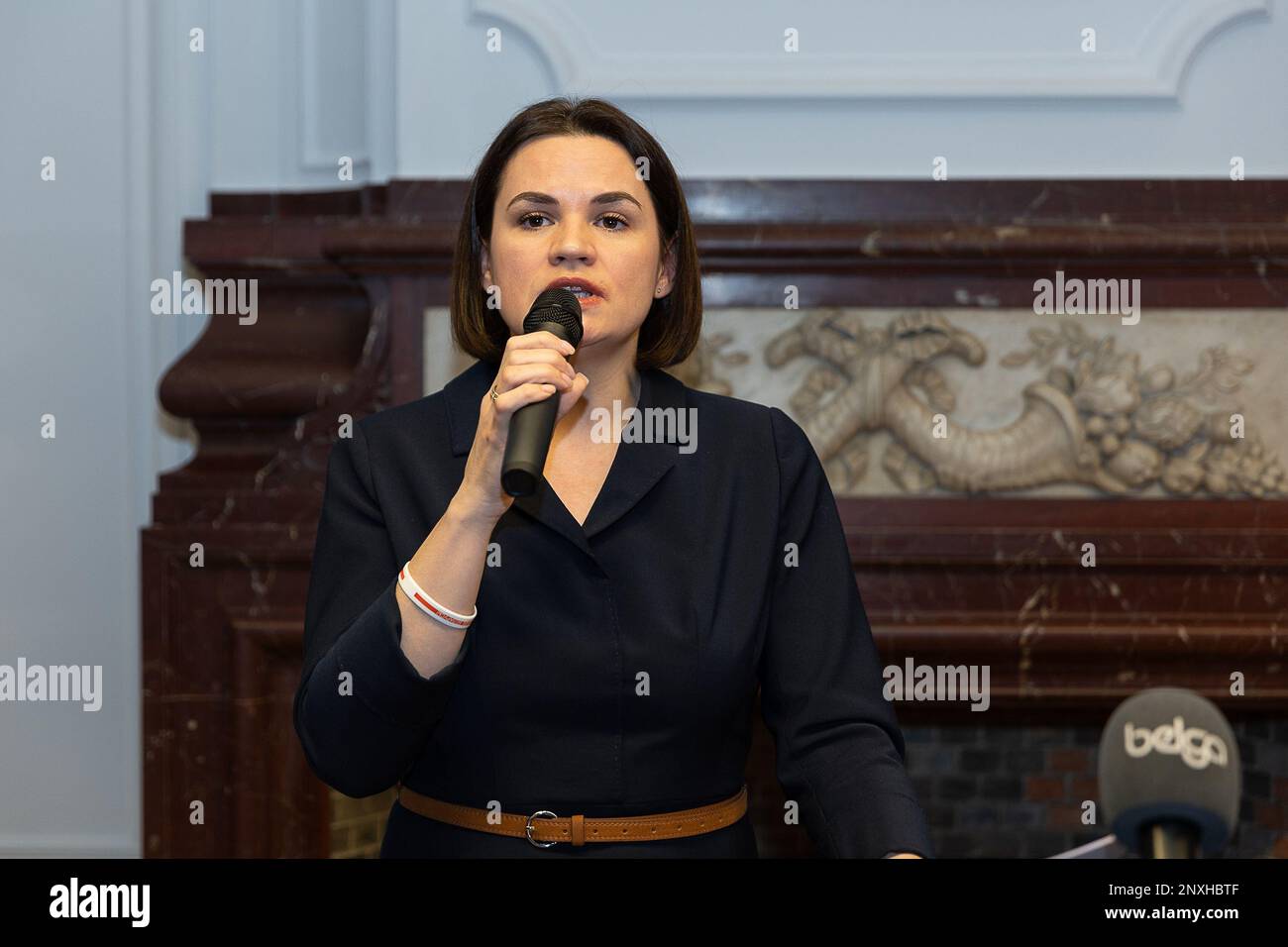 Chef du mouvement démocratique bélarussien Svetlana Tichanovskaja photographié lors de l'ouverture de la "Commission de la Biélorussie démocratique", bureaux diplomatiques pour servir l'opposition bélarussienne à Bruxelles, mercredi 01 mars 2023. BELGA PHOTO JAMES ARTHUR GEKIERE Banque D'Images
