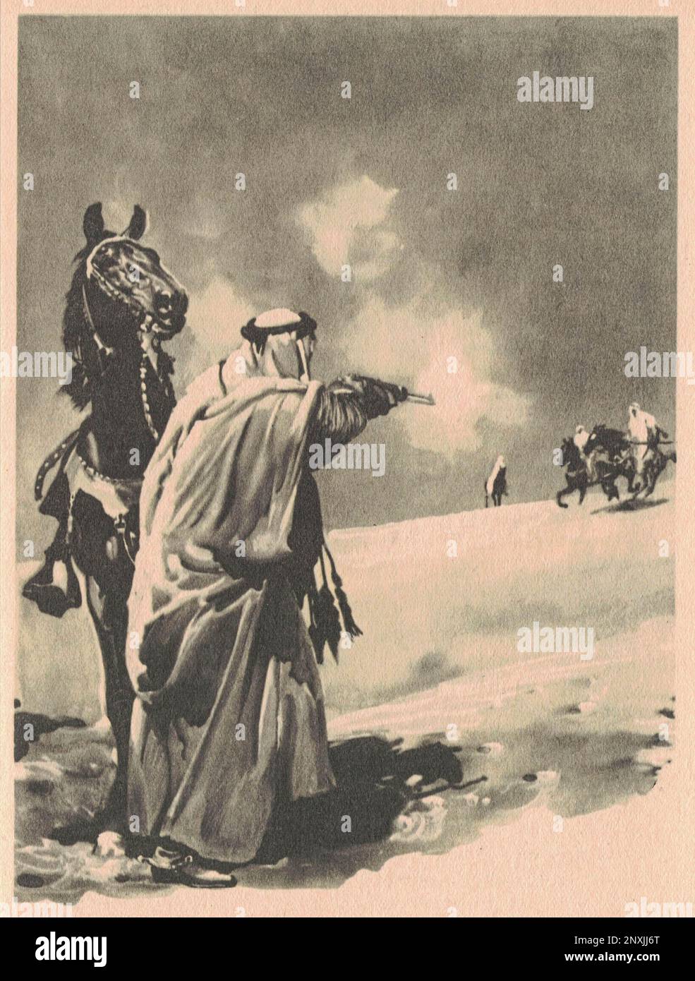 L'illustration en noir et blanc montre une prise de vue arabe dans d'autres Arabes. Une photo vintage en noir et blanc montre la vie d'aventure du siècle précédent. Banque D'Images