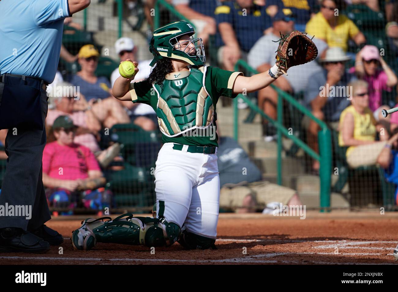South Florida Bulls catcher Macy Cook (11) throws the ball back to the pitcher during a game against the Michigan Wolverines on February 10, 2018 at USF Softball Stadium in Tampa, Florida. South Florida defeated Michigan 3-2. (Mike Janes/Four Seam Images via AP) Banque D'Images