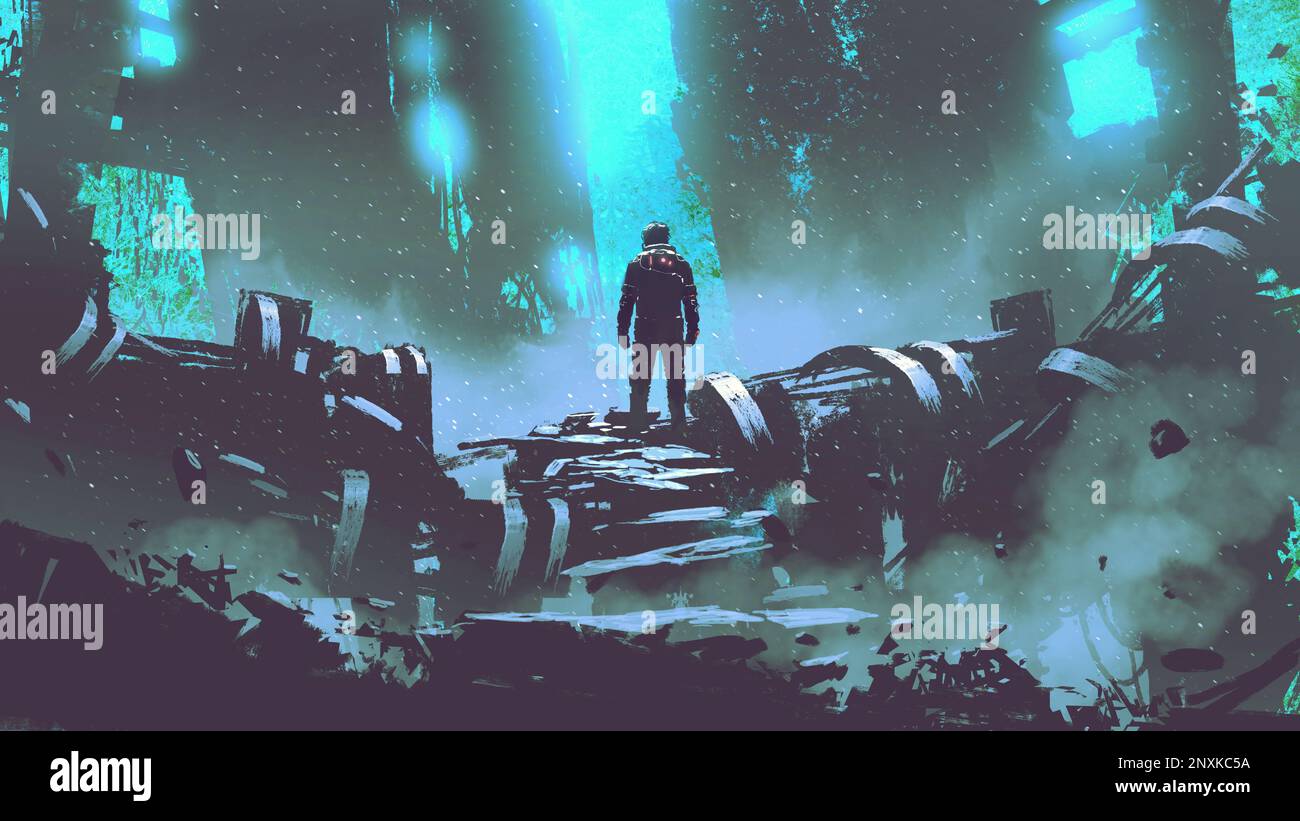 homme futuriste debout sur une grande pile de pièces de ferraille., style d'art numérique, peinture d'illustration Banque D'Images