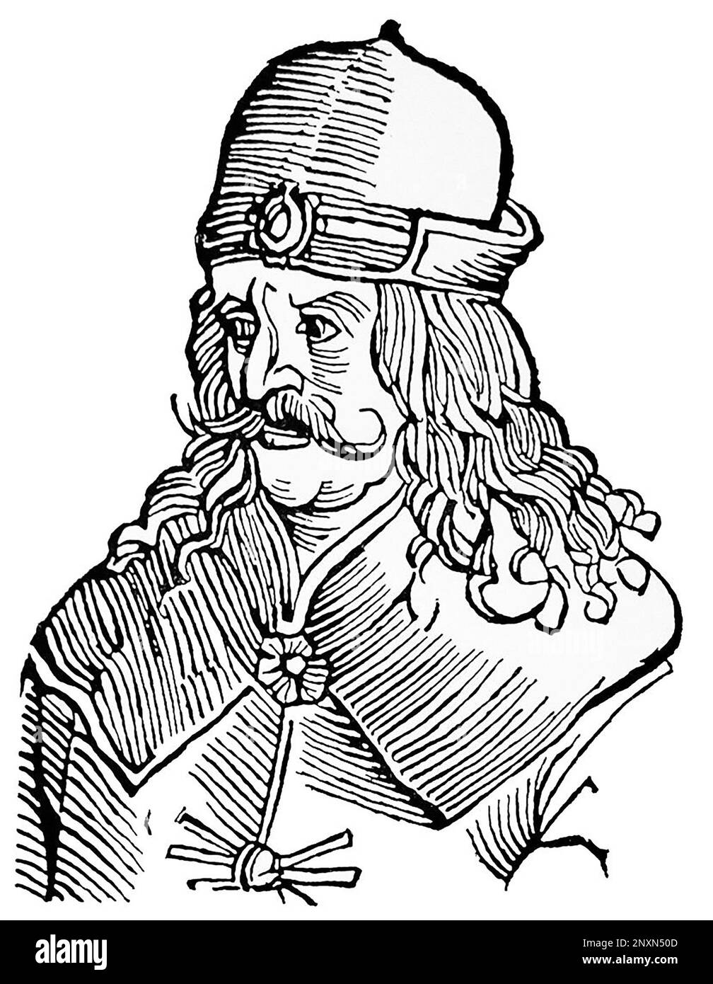 Vlad III, communément connu sous le nom de Vlad l'Impaler ou Vlad Dracula (1428/31, ai 1476/77), était Voïvode de Valachie trois fois. Il est souvent considéré comme l'un des dirigeants les plus importants de l'histoire du Valašsko et comme un héros national de la Roumanie. Célèbre pour sa cruauté, son patronyme a inspiré le nom du vampire littéraire de Bram Stoker, le comte Dracula. Illustration après une gravure du 16th siècle. Banque D'Images