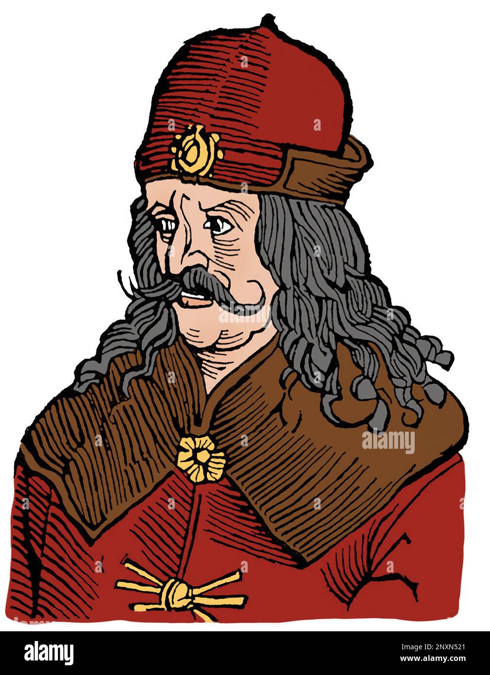 Vlad III, communément connu sous le nom de Vlad l'Impaler ou Vlad Dracula (1428/31, ai 1476/77), était Voïvode de Valachie trois fois. Il est souvent considéré comme l'un des dirigeants les plus importants de l'histoire du Valašsko et comme un héros national de la Roumanie. Célèbre pour sa cruauté, son patronyme a inspiré le nom du vampire littéraire de Bram Stoker, le comte Dracula. Illustration après une gravure du 16th siècle. Colorisé. Banque D'Images
