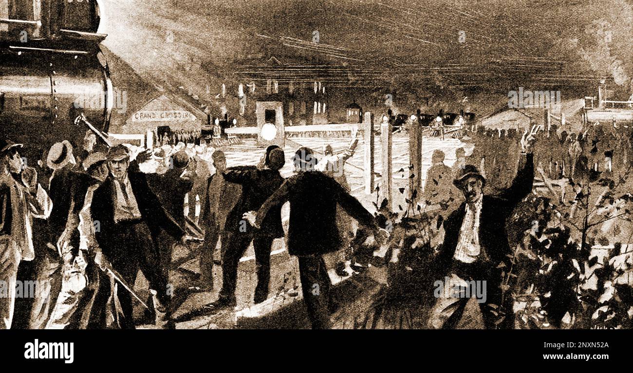 Escalade de la grève Pullman par l'Union ferroviaire américaine, nuit de 26 juin 1894. Illustration de Harper's Weekly, 14 juillet 1894. La grève Pullman comprenait deux grèves interdépendantes en 1894, d'abord par l'American Railway Union (ARU) contre l'usine Pullman de Chicago, puis, lorsque cela a échoué, un boycott national contre tous les trains transportant des voitures Pullman, Qui a duré de 11 mai à 20 juillet et a été un tournant pour le droit du travail américain./n/n. Banque D'Images