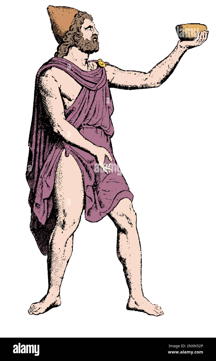 Odysseus offrant du vin aux Cyclops. Ancienne statue du Vatican, Rome. Illustration, 1914. Colorisé. Banque D'Images
