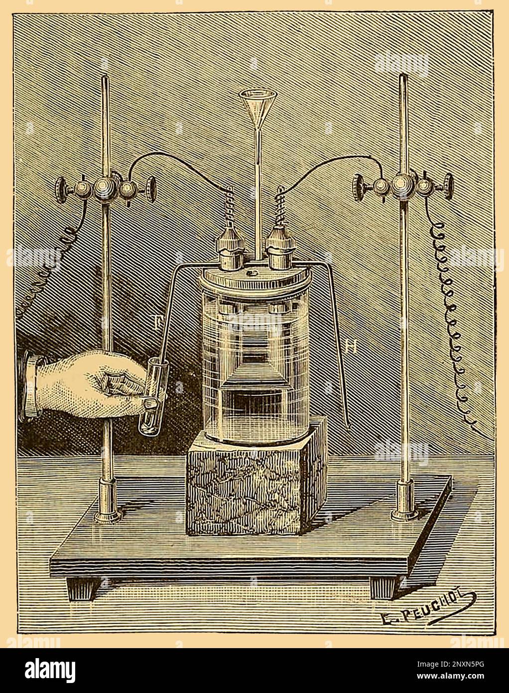 Henri Moissan (1852-1907) est un chimiste et pharmacien français qui a remporté le prix Nobel de chimie en 1906 pour son travail dans l'isolation de l'élément chimique fluor de ses composés, ce qu'il a fait en 1886. Illustration de 1887 par E. Peuchot. Banque D'Images