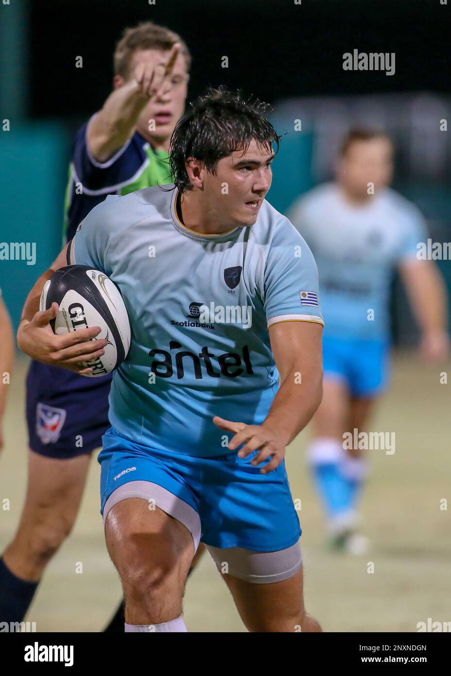SUGAR LAND, TX - JANUARY 20: Uruguay lock Ignacio Dotti (4) carries the ball during the Major League Rugby match between the Uruguay National Team and Houston SaberCats on January 20, 2018 at Constellation Field in Sugar Land, Texas. (Photo by Leslie Plaza Johnson/Icon Sportswire) (Icon Sportswire via AP Images) Banque D'Images