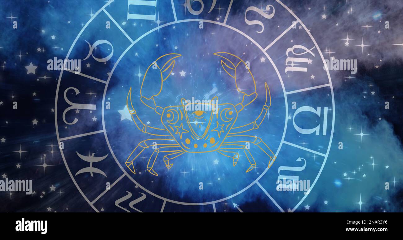Roue de signe d'étoile de zodiaque avec signe de cancer sur les étoiles Banque D'Images