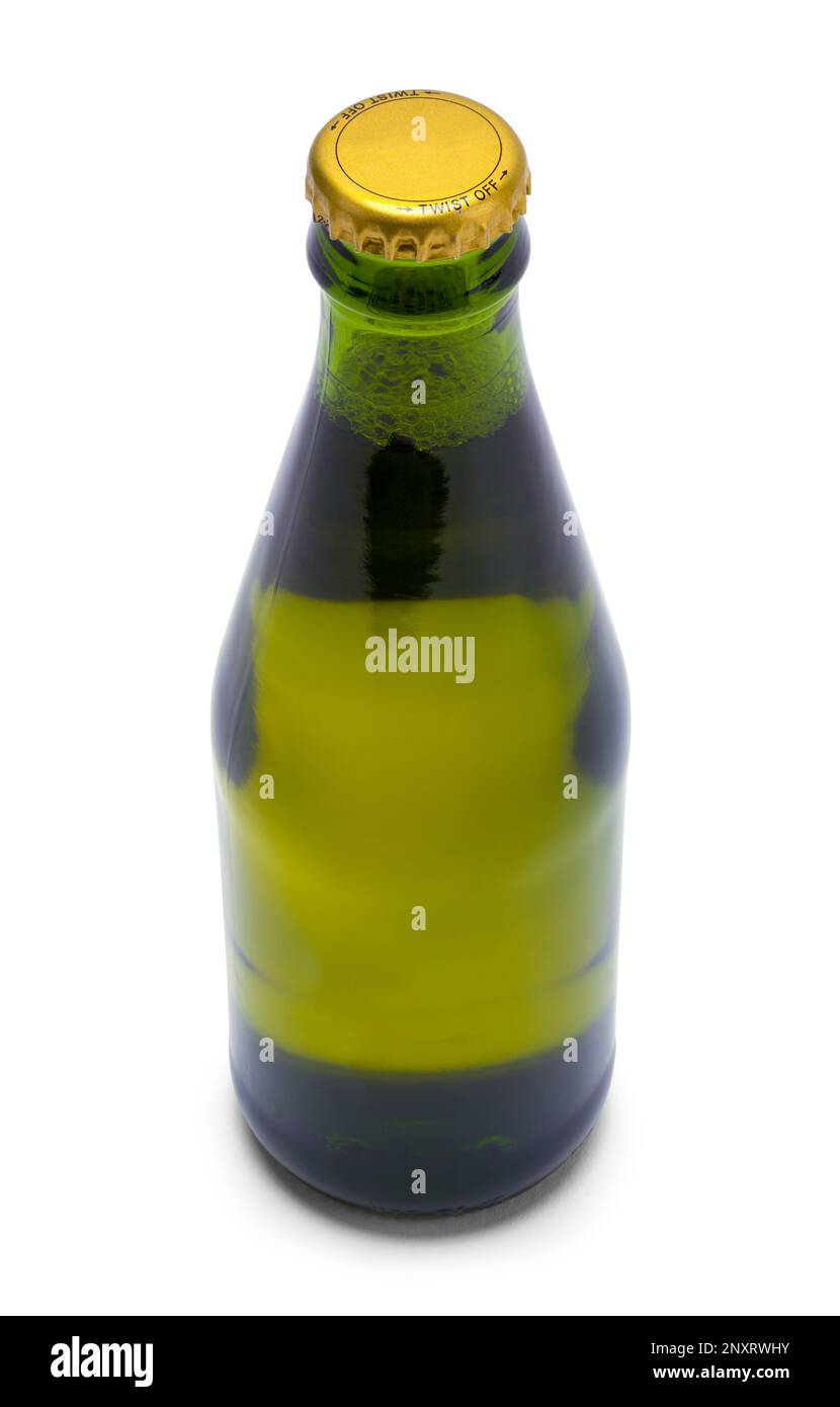 Flacon en verre vert avec bouchon découpé sur blanc. Banque D'Images