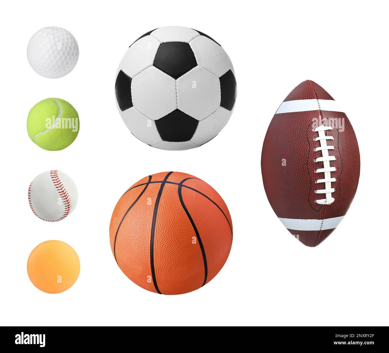 Ensemble avec différentes balles de sport sur fond blanc Banque D'Images
