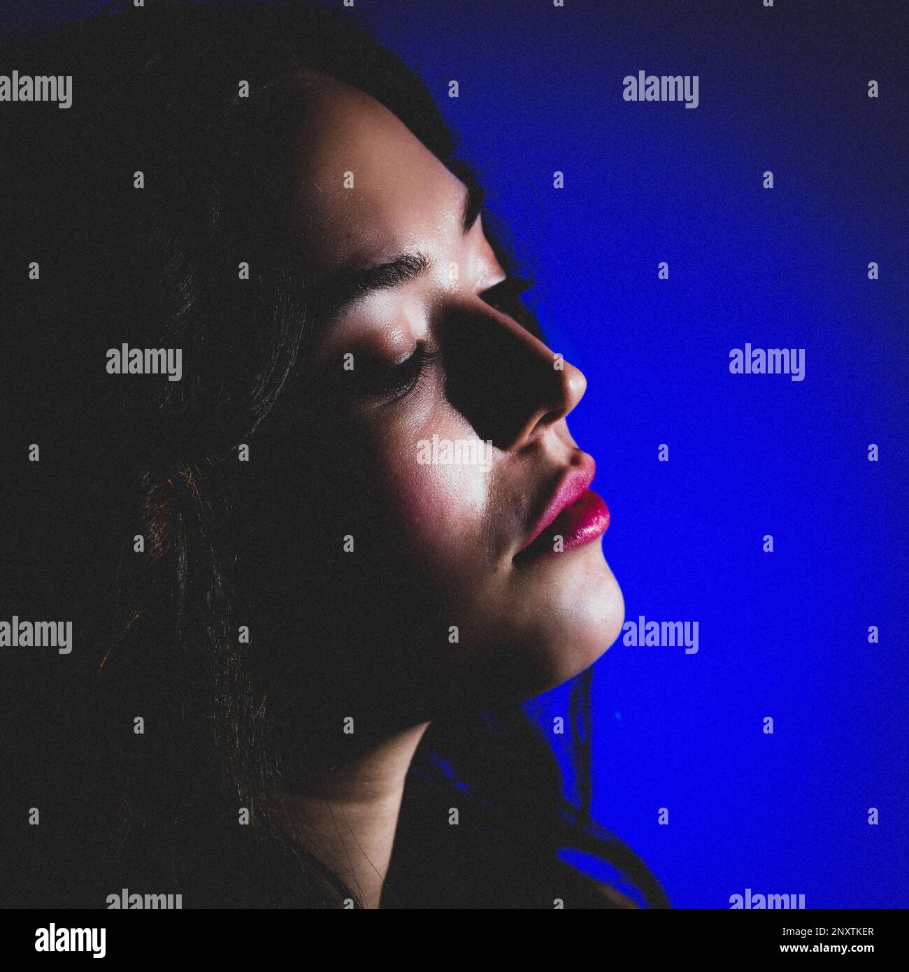 Gros plan sur le côté de la jeune femme dans le profil sur fond bleu | couleurs vives Banque D'Images
