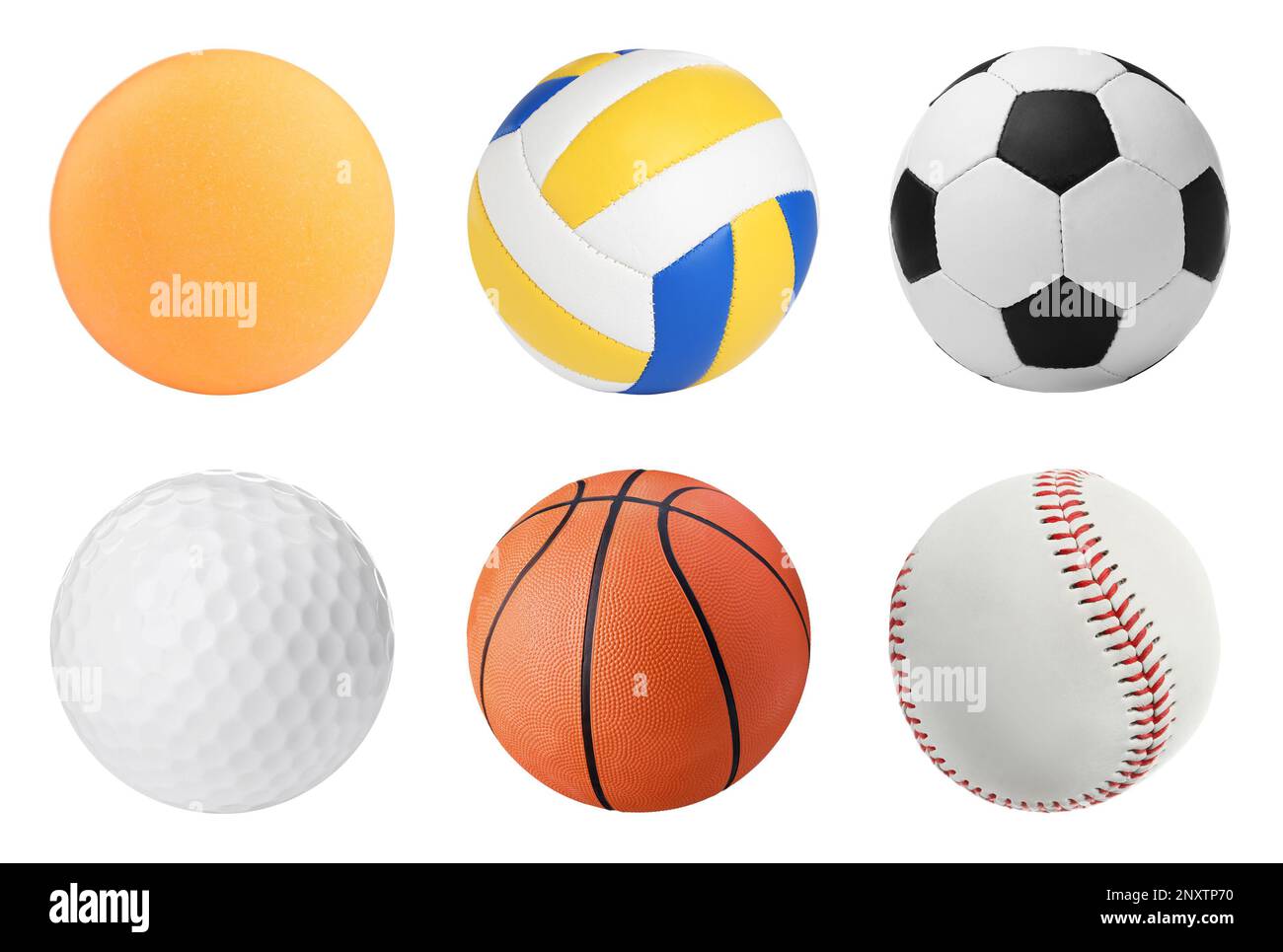 Ensemble avec différentes balles de sport sur fond blanc Banque D'Images