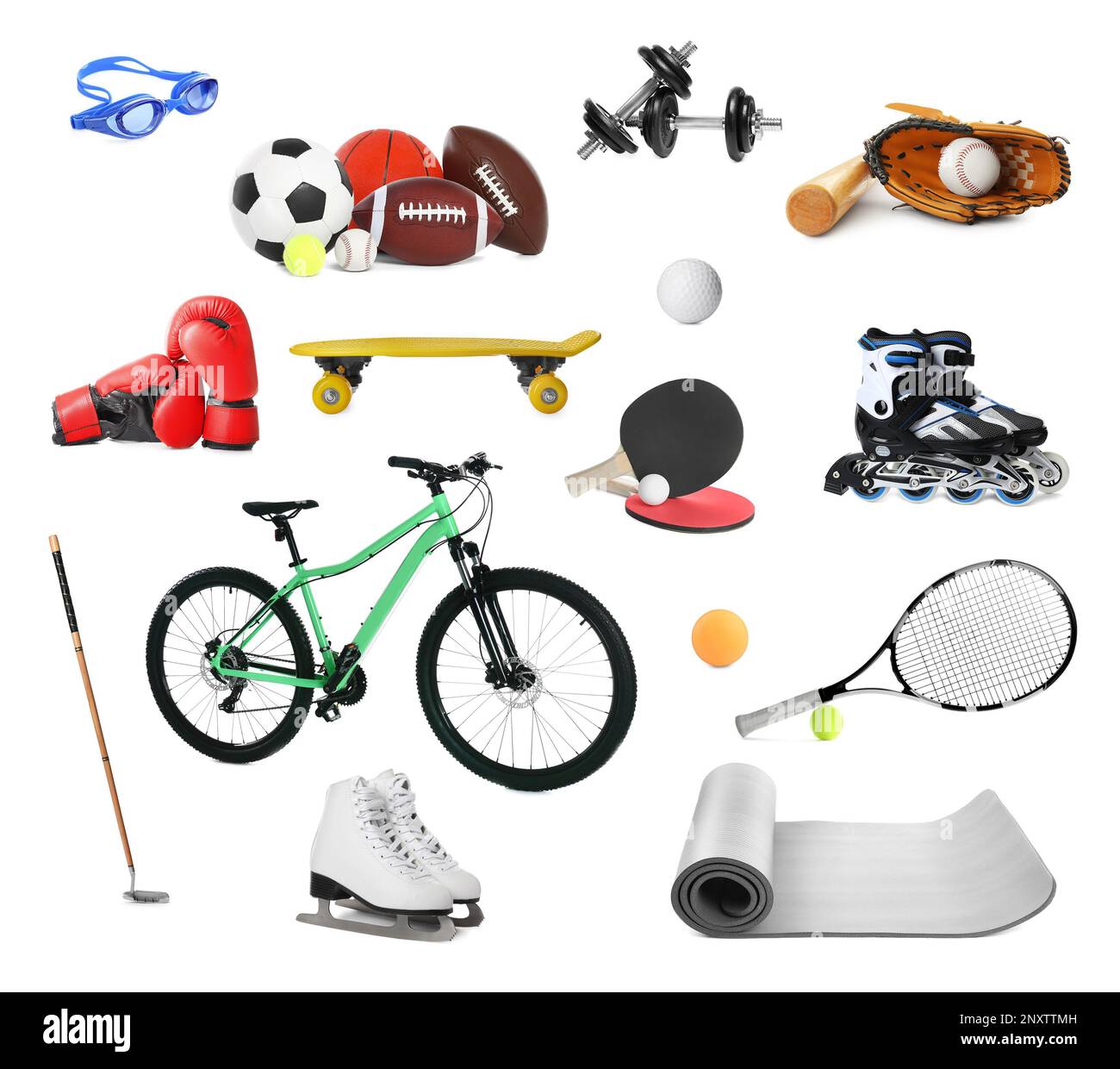 Avec différents équipements sportifs sur fond blanc. Mode de vie actif Banque D'Images