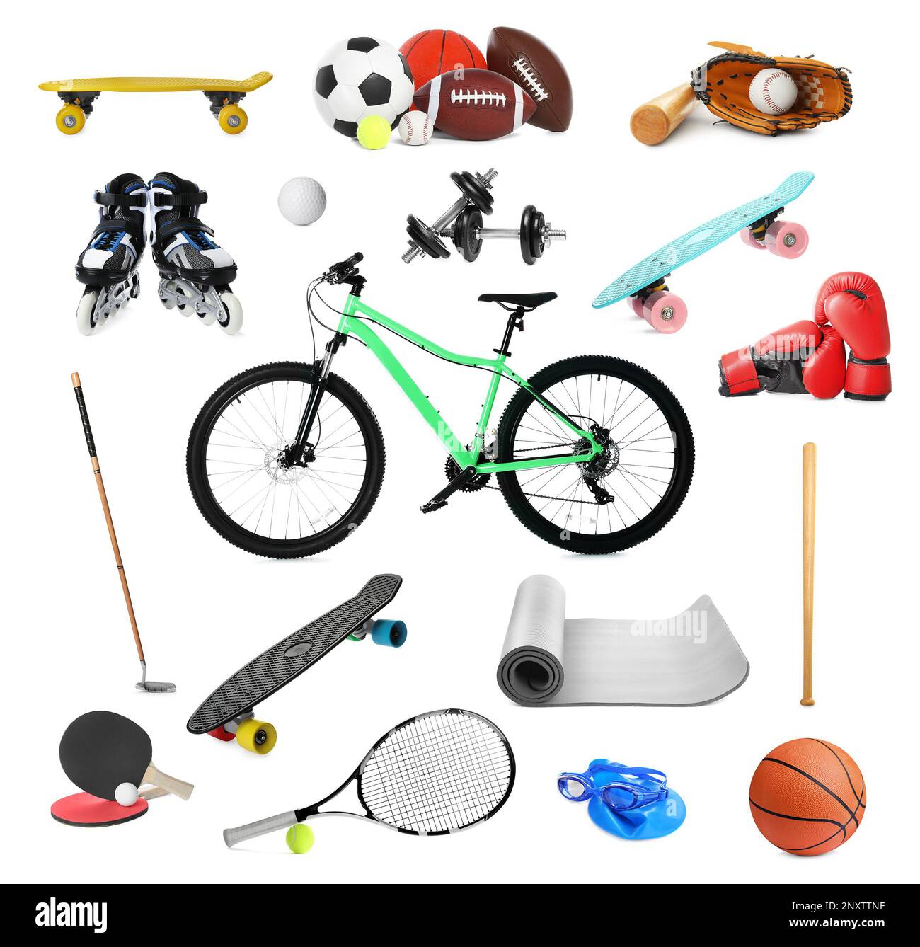 Avec différents équipements sportifs sur fond blanc. Mode de vie actif Banque D'Images