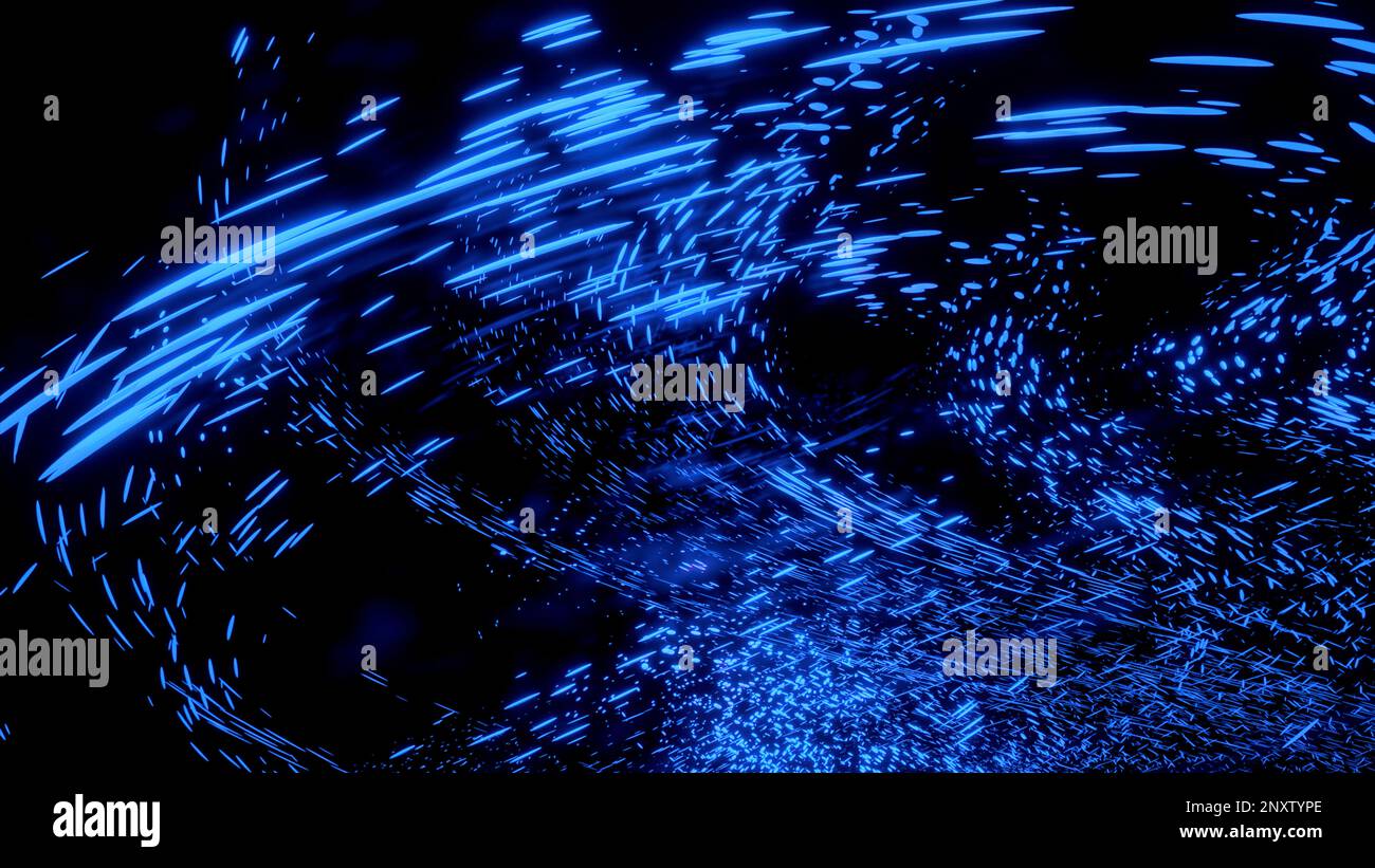 Flux abstrait de particules colorées. Conception. 3D arrière-plan futuriste avec mouvement abstrait des points de néon bleus Banque D'Images