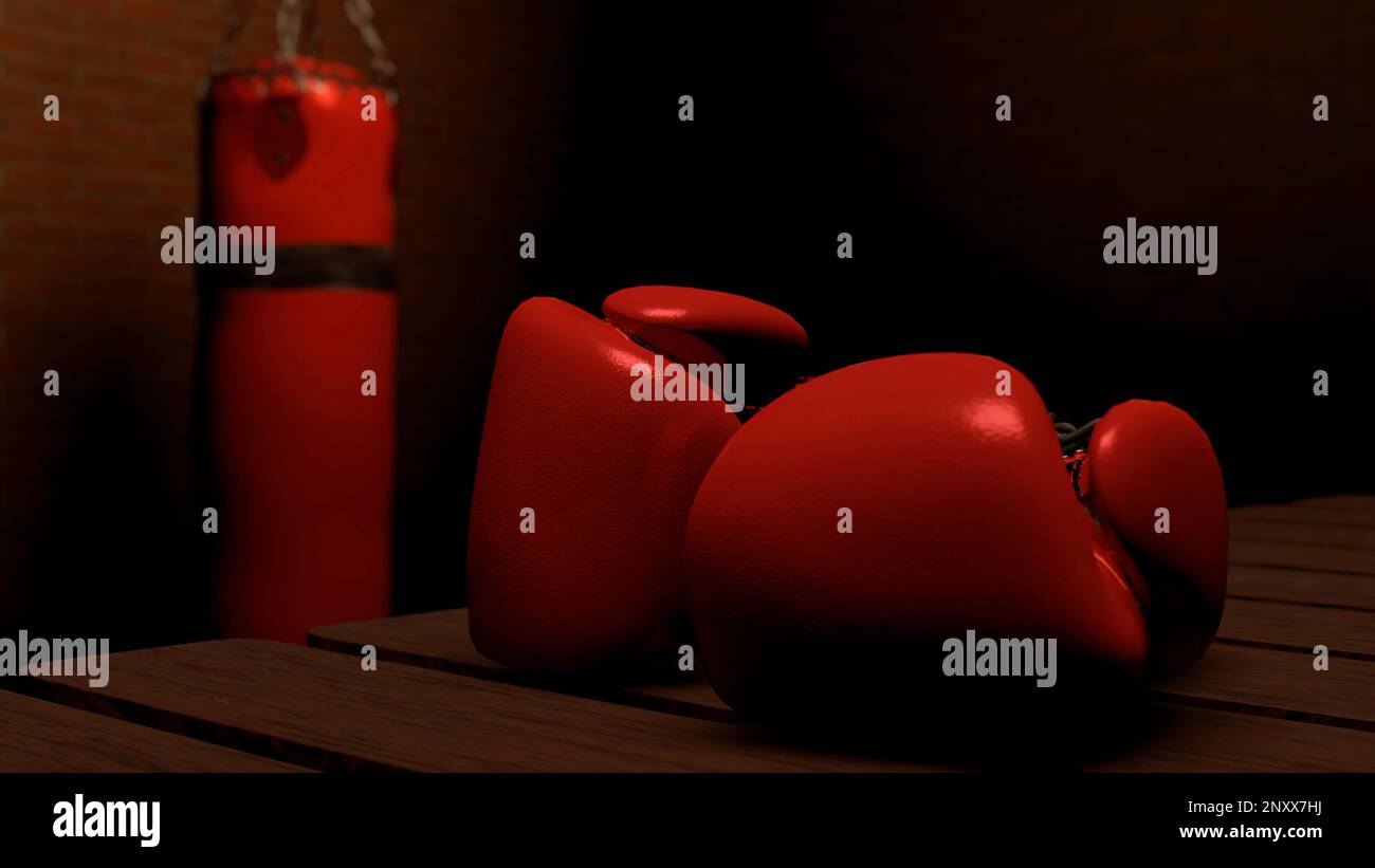 Sac de boxe abstrait et gants de boxe dans une pièce sombre. Conception. Concept de sport, lumière rouge sombre dans une pièce Banque D'Images