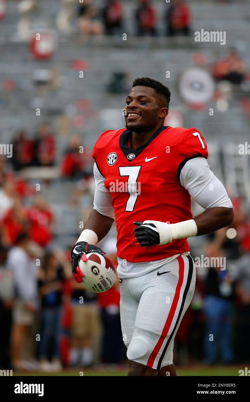 ATHENS, GA - NOVEMBER 18: Georgia Bulldogs linebacker Lorenzo Carter (7) prior to the college football game between the University of Georgia Bulldogs and the University of Kentucky Wildcats on November 18, 2017, at Sanford Stadium in Athens, GA. (Photo by David John Griffin/Icon Sportswire) (Icon Sportswire via AP Images) Banque D'Images