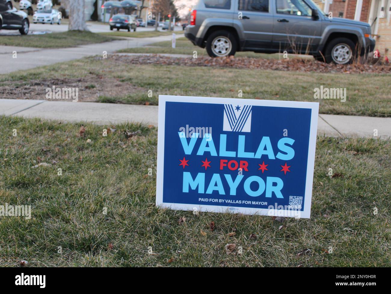 Vallas pour la pelouse du maire signe avec la circulation de rue à Chicago Banque D'Images