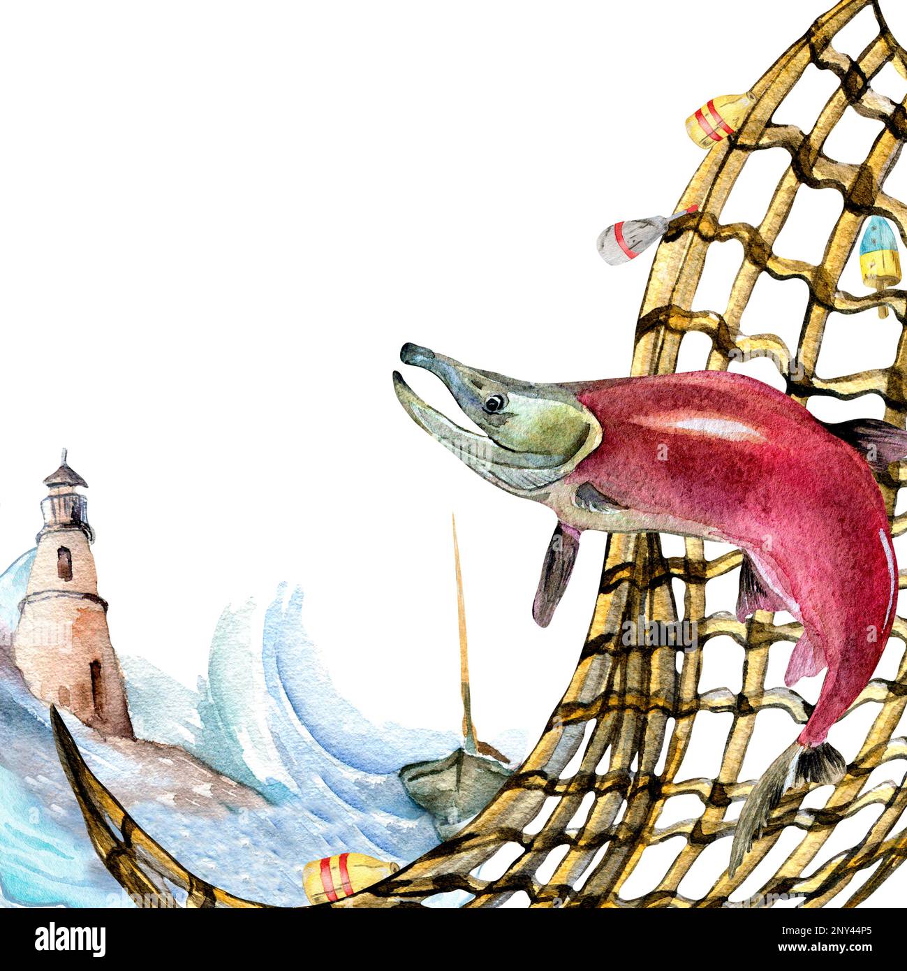 Composition de l'aquarelle du saumon, du coho et du fishnet isolée sur le blanc. Poisson frais, voilier, paysage marin dessiné à la main. Elément de conception pour packa Banque D'Images
