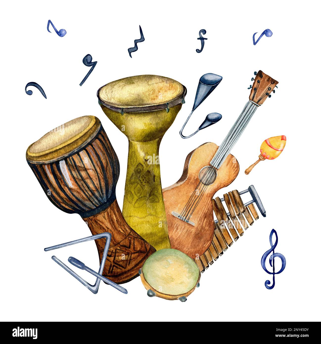 Composition des instruments de musique à percussion de variouse aquarelle illustration isolée. Guitare, congo, tambour, xylophone, agogo dessiné à la main. Design elem Banque D'Images