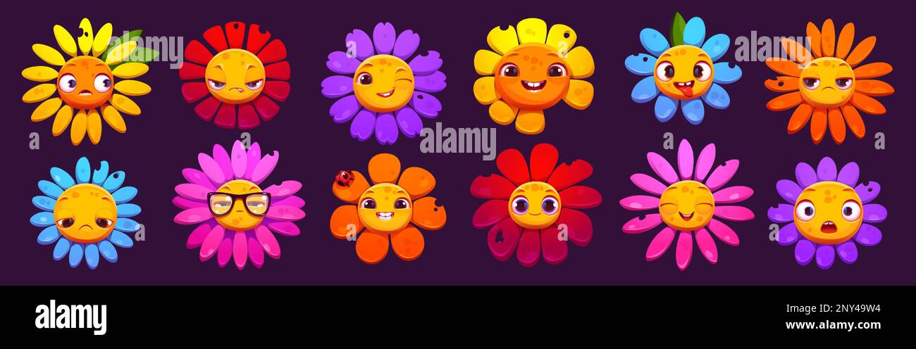 Ensemble coloré de personnages de fleurs de dessin animé avec différentes émotions isolées sur l'arrière-plan. Illustration vectorielle de l'adorable fleur de Marguerite emoji, heureux, souriant, sérieux, triste, des visages surpris, fous et entortillés Illustration de Vecteur