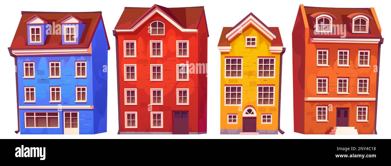 Maisons et bâtiments scandinaves. Rue de ville européenne. Extérieur de l'architecture de suède, maisons avec magasin ou café vitrine isolée sur fond blanc, ensemble de dessins animés vectoriels Illustration de Vecteur