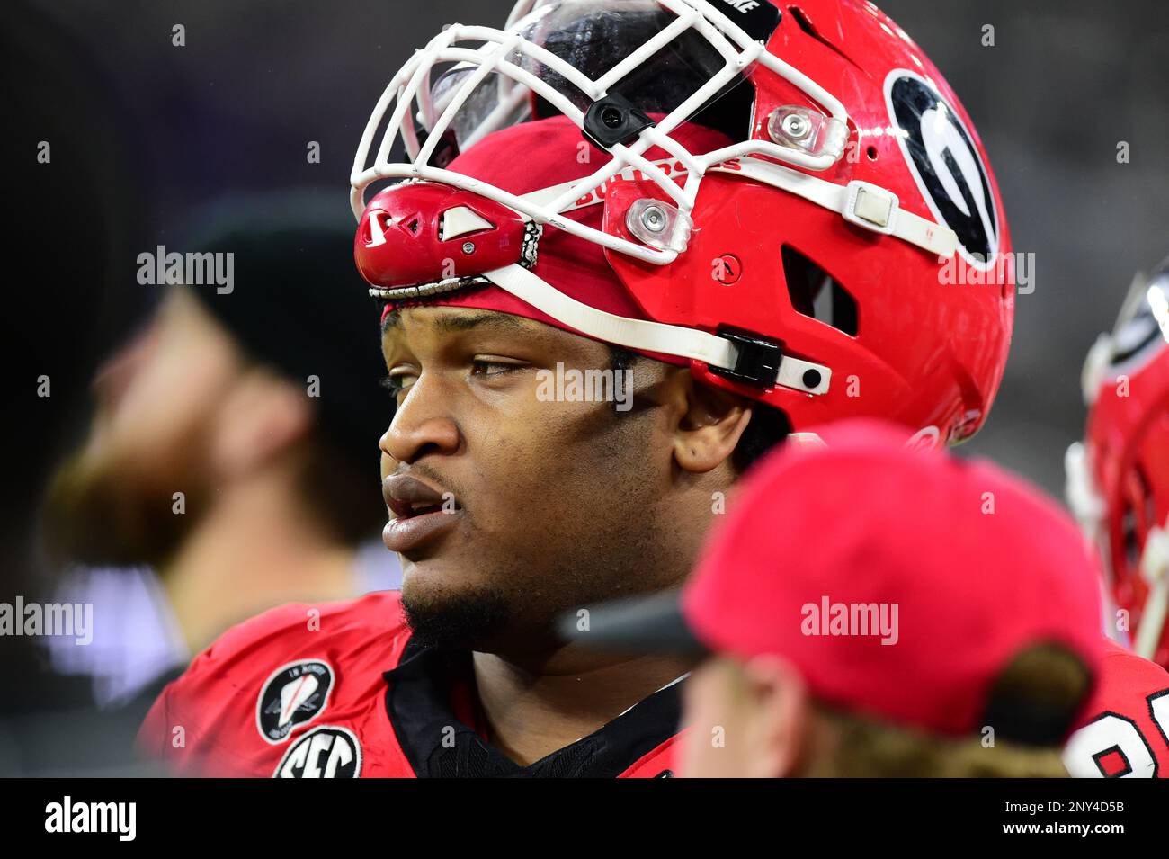 (PHOTOS DU FICHIER).un mandat d'arrêt a été émis pour le projet éventuel no 1 de la NFL, un ancien bulldog de Géorgie (88), Jalen carter, pour son rôle présumé dans un accident de la route de janvier qui a tué un coéquipier et un employé de recrutement pour l'Université de Géorgie. Ici, il est photographié sur 9 janvier 2023 contre les grenouilles à cornes de l'Université chrétienne du Texas pendant le Championnat national 2023 à Los Angeles. Le projet NFL 2023 aura lieu à Kansas City sur 27 avril 2023.(crédit obligatoire : José Marin/MarinMedia.org/CSM) (photographe complet absolu et crédits requis) Banque D'Images