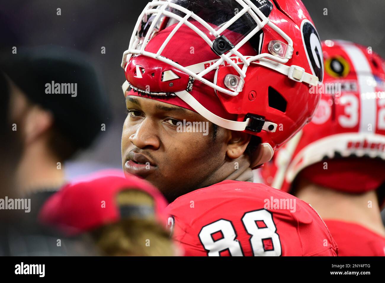 (PHOTOS DU FICHIER).un mandat d'arrêt a été émis pour le projet éventuel no 1 de la NFL, un ancien bulldog de Géorgie (88), Jalen carter, pour son rôle présumé dans un accident de la route de janvier qui a tué un coéquipier et un employé de recrutement pour l'Université de Géorgie. Ici, il est photographié sur 9 janvier 2023 contre les grenouilles à cornes de l'Université chrétienne du Texas pendant le Championnat national 2023 à Los Angeles. Le projet NFL 2023 aura lieu à Kansas City sur 27 avril 2023.(crédit obligatoire : José Marin/MarinMedia.org/CSM) (photographe complet absolu et crédits requis) Banque D'Images