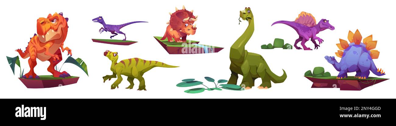 Jeu de caractères vectoriels isolés de dinosaures de dessin animé. triceratops préhistoriques, stegosaurus et tyrannosaurus jurassic belle collection de pièces de la falaise. Grand adorable dino Beast jeu de conception pour la mascotte de jardin d'enfants. Illustration de Vecteur