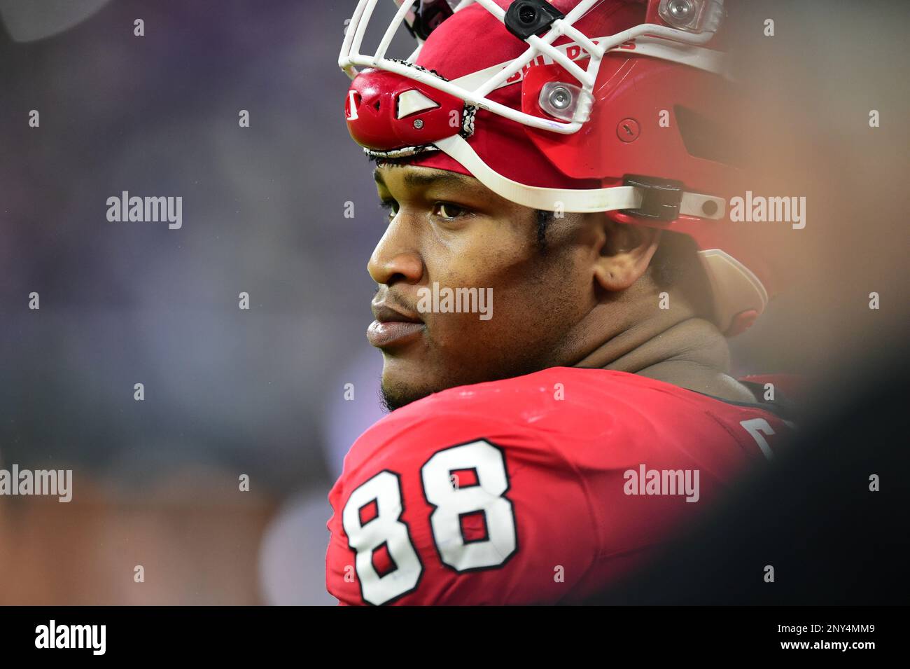 (PHOTOS DU FICHIER).un mandat d'arrêt a été émis pour le projet éventuel no 1 de la NFL, un ancien bulldog de Géorgie (88), Jalen carter, pour son rôle présumé dans un accident de la route de janvier qui a tué un coéquipier et un employé de recrutement pour l'Université de Géorgie. Ici, il est photographié sur 9 janvier 2023 contre les grenouilles à cornes de l'Université chrétienne du Texas pendant le Championnat national 2023 à Los Angeles. Le projet NFL 2023 aura lieu à Kansas City sur 27 avril 2023.(crédit obligatoire : José Marin/MarinMedia.org/CSM) (photographe complet absolu et crédits requis) Banque D'Images