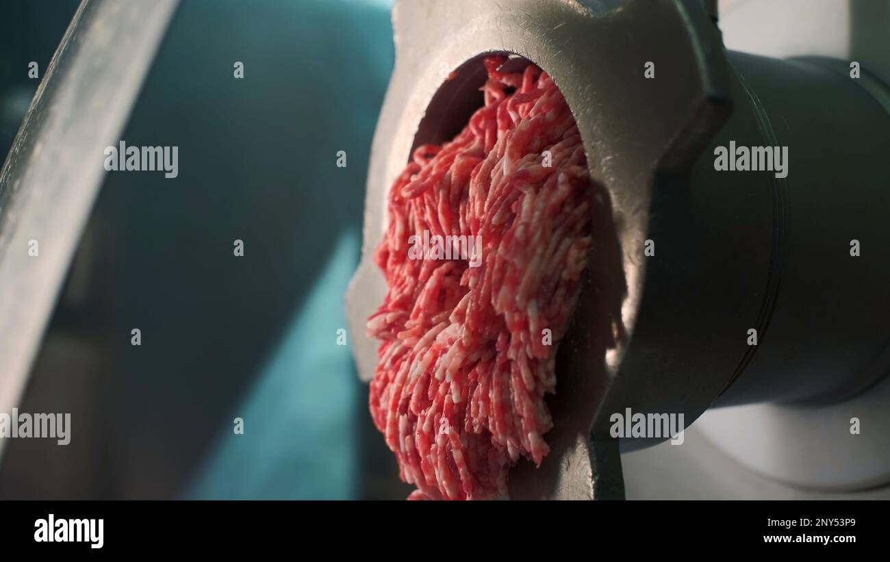 Gros plan de la viande hachée qui tombe du moulin à viande. Attache. Préparation de viande hachée fraîche et crue dans le hachoir. Hacher avec un jet de émincé Banque D'Images
