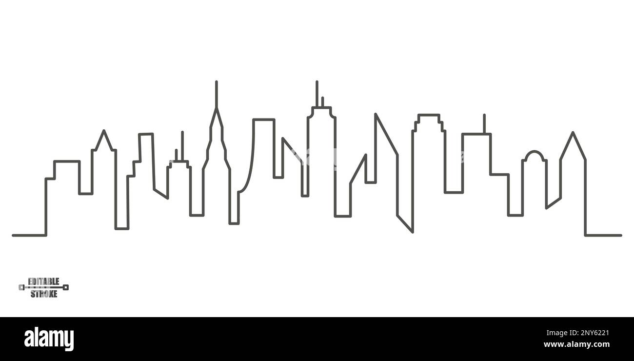 Horizon de la ville avec bâtiments. Silhouette continue avec contour modifiable. Illustration urbaine avec paysage abstrait. Panorama de contour vectoriel Illustration de Vecteur